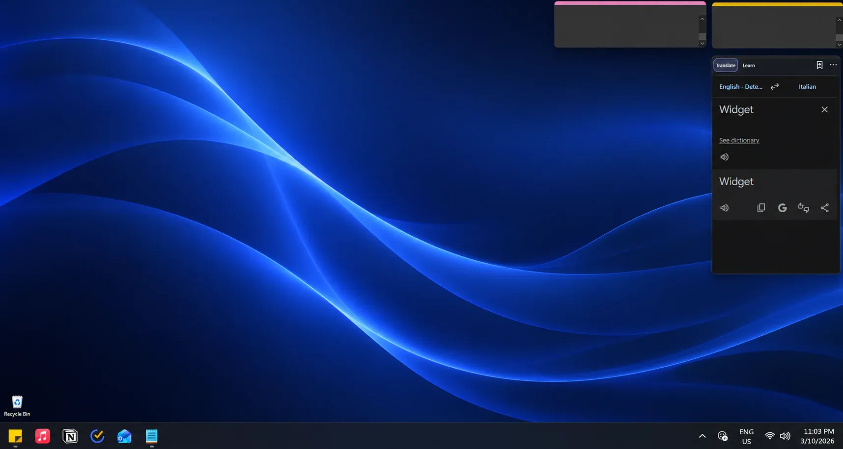 FluentDock pinned as a desktop translation widget on Windows 11