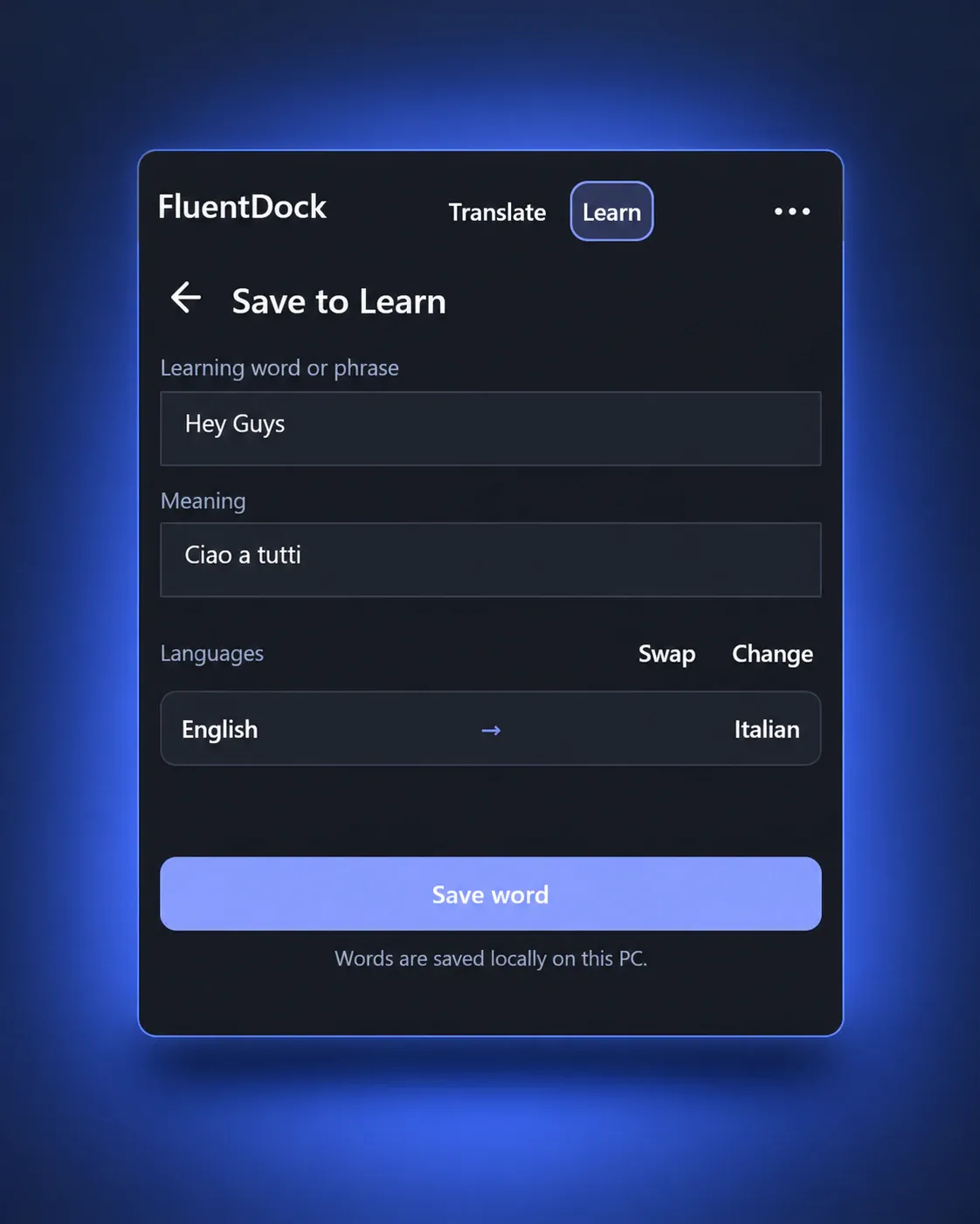 FluentDock searchable vocabulary library on Windows 11