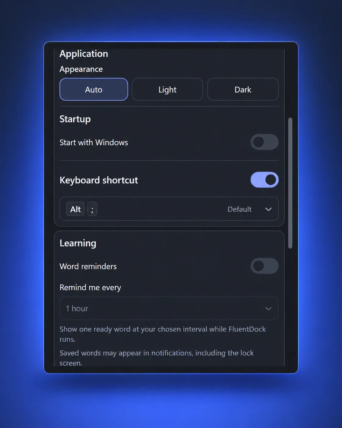 FluentDock settings for translation, shortcuts, reminders and pronunciation