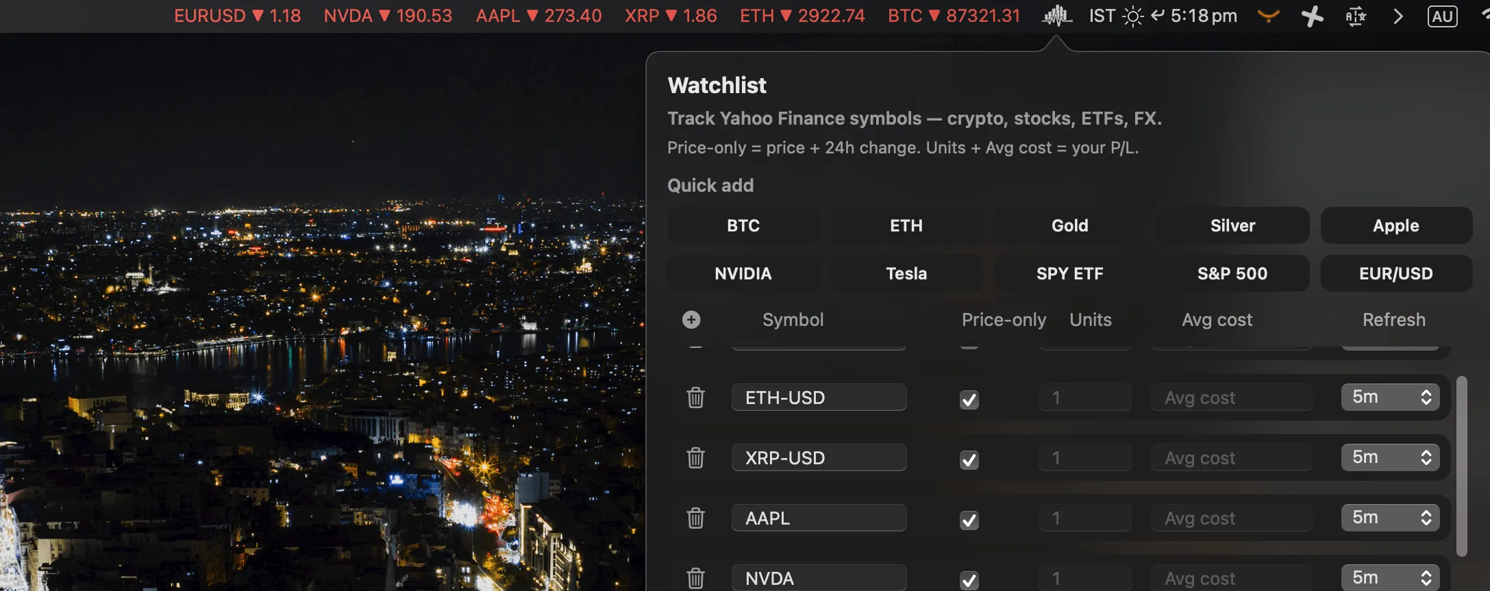 MarketPulseBar watchlist
