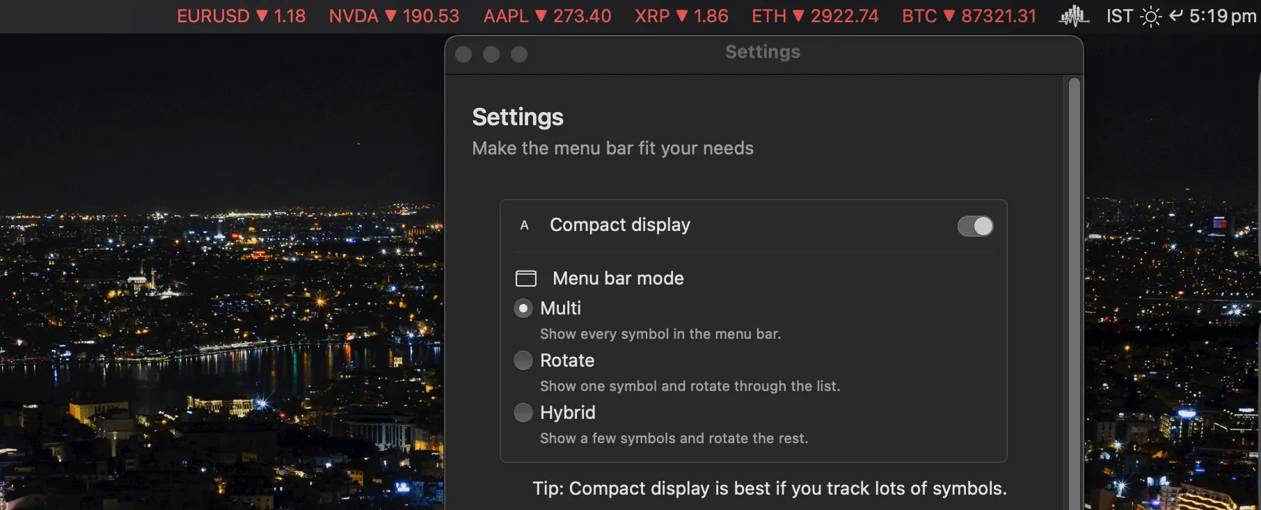 MarketPulseBar settings