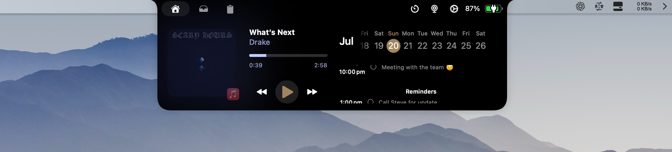 BoringNotch+ showing music controls, calendar events, and reminders in the MacBook notch