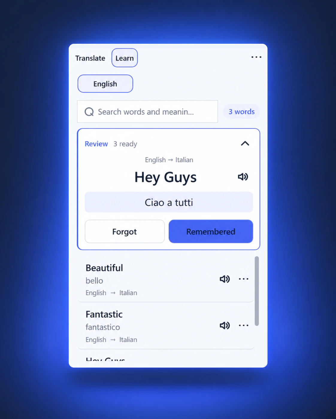 FluentDock vocabulary review showing Hey Guys, Forgot and Remembered buttons, and pronunciation controls