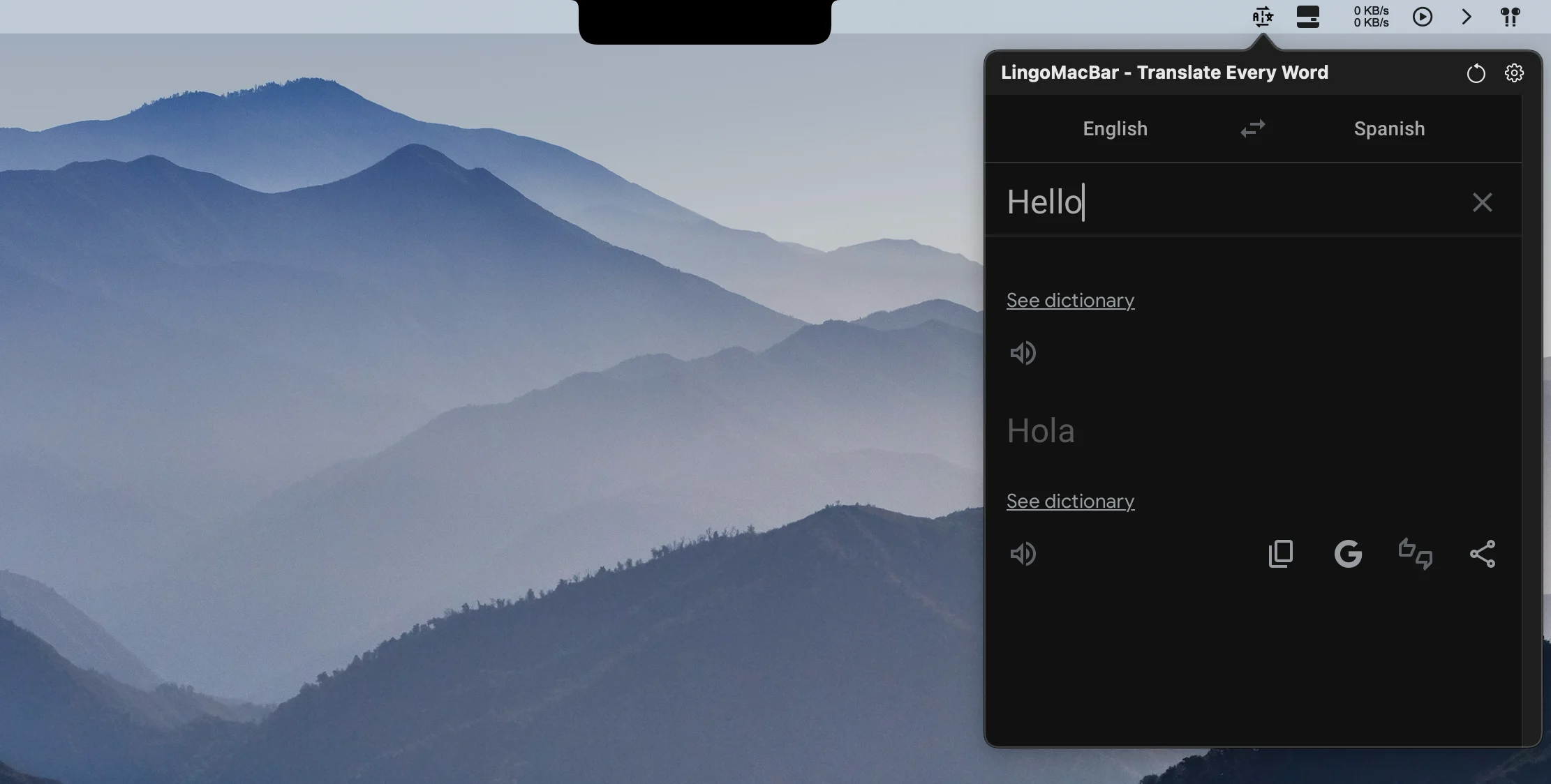 LingoMacBar Mac menu bar translator with the compact popover open