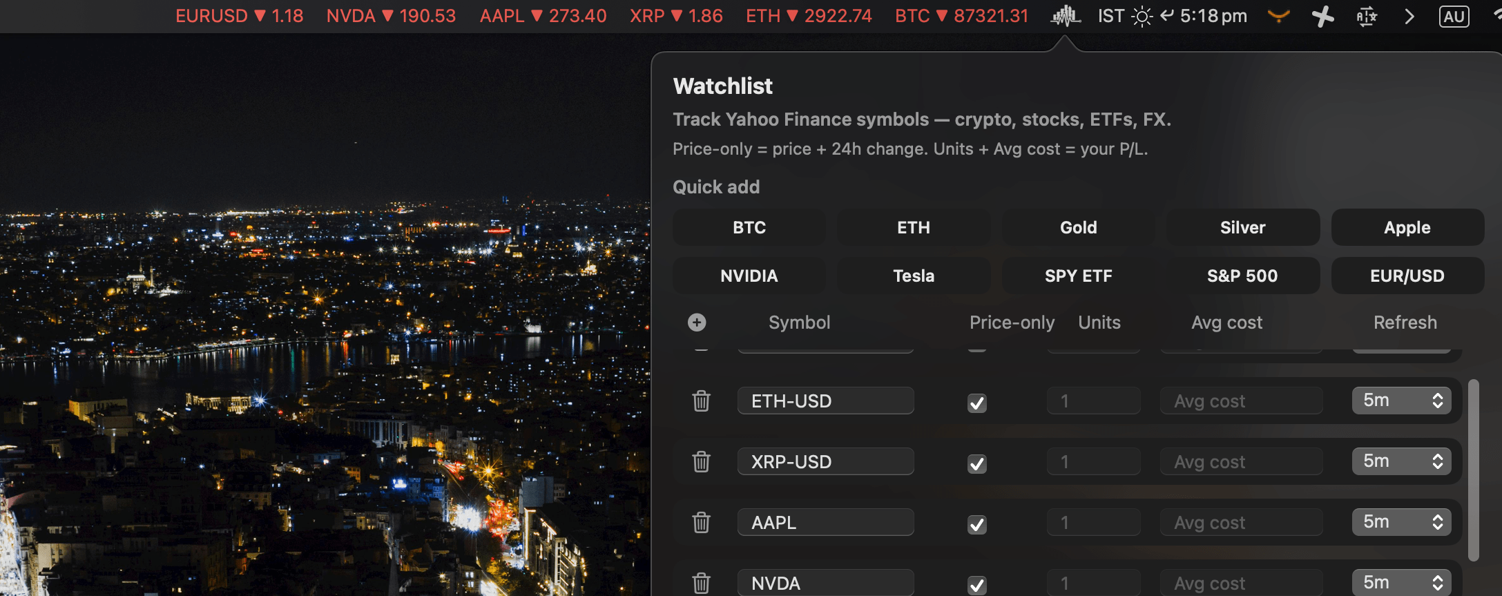 MarketPulseBar watchlist with crypto, stocks, ETFs, forex, gold, and silver symbols