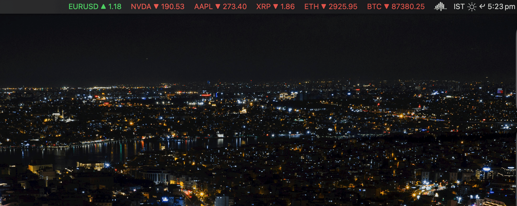 MarketPulseBar showing multiple live symbols in the Mac menu bar