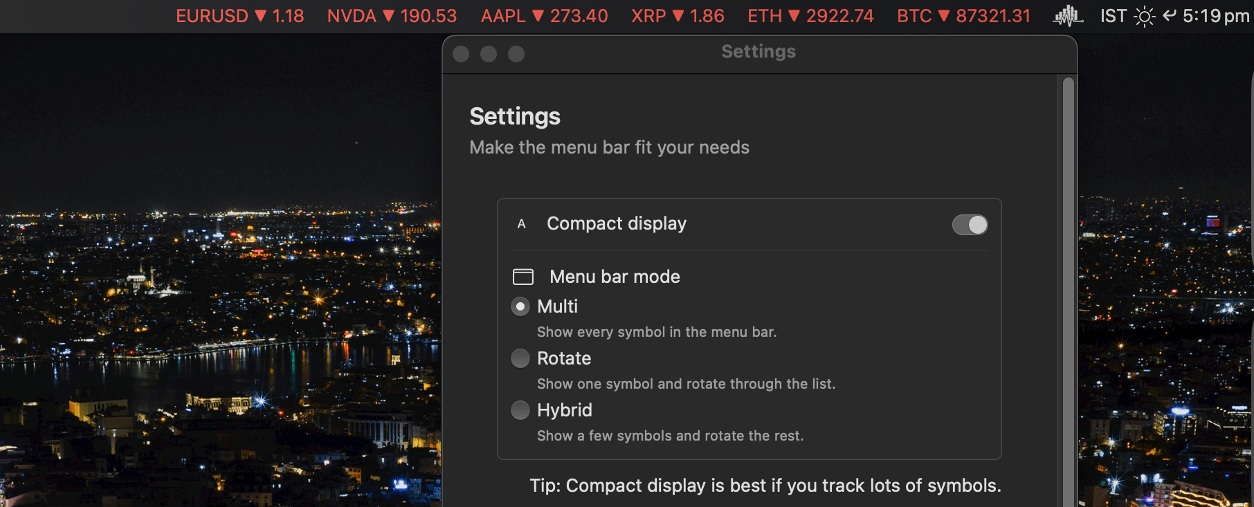 MarketPulseBar settings for watchlists, refresh behavior, and display preferences